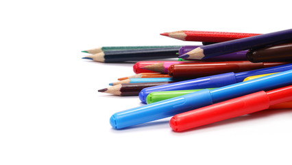 Colorful felt pen markers and pencils  isolated on white background