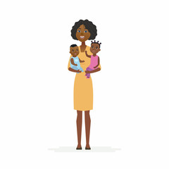 Young African father with babies - cartoon people characters isolated illustration