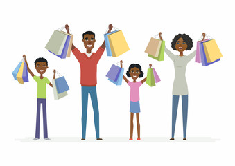 Fototapeta premium Happy African family enjoys shopping - cartoon people characters isolated illustration