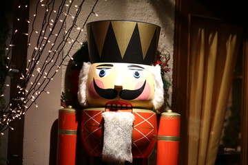 Soldier nutcracker statue standing at a Christmas market