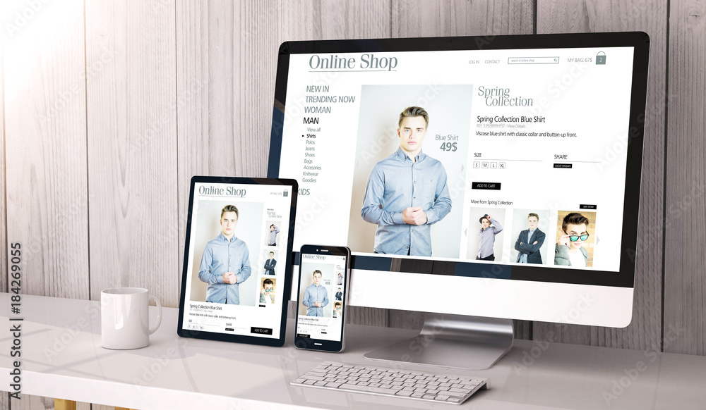 Poster devices responsive on workspace showing responsive online shop