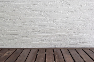 Empty wooden table over cement white wall background, vintage, background, template