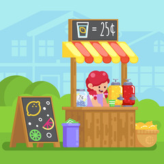 Lemonade booth with happy little cute girl selling young business Vector colorful illustration in flat style image