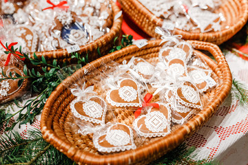 traditional czech sweet dessert gingerbread at the Christmas Market in Prague. Souvenir sale concept