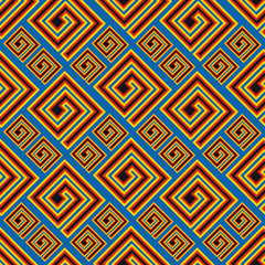 Seamless vector psychedelic pattern. Fashion textile print with greek design. Greece meander fabric background. Retro 70s colors.