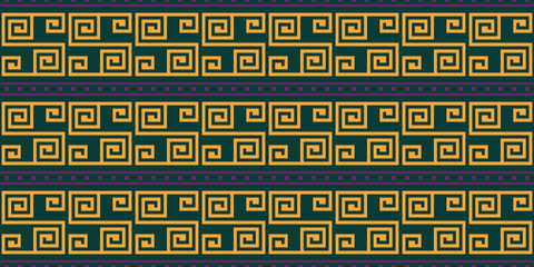 Seamless vector striped pattern. Retro seventies colors. Fashion textile print with greek design. Greece meander fabric background.