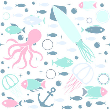 Sea life cute blue seamless pattern