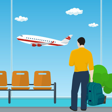 Man with a Backpack Looking out the Window on a Flying Airplane , Waiting Room at the Airport, Travel and Tourism Concept, Vector Illustration