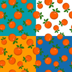 Set of four Seamless Fruit Citrus Patterns ,Tropical Fruit Orange on White Green Yellow and Blue Background, Vector Illustration