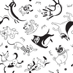 Playing dogs seamless pattern. Funny lap-dog, happy pug, mongrels and other breeds. Vector background for design