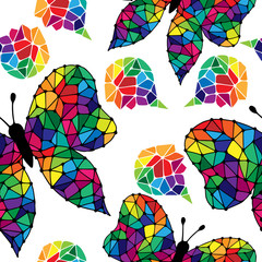 Seamless pattern with abstract colorful butterfly on the white background