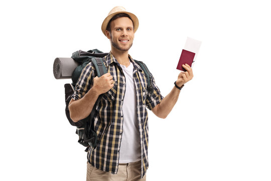 Tourist with a backpack and a passport