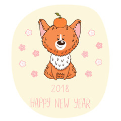 Hand drawn New Year greeting card with cute funny cartoon dog with a tangerine, typography. Isolated objects on white background. Vector illustration. Design concept for children, winter holidays.