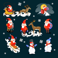 baby in hands of Santa Claus makes wish, man in red suit and beard with bag of gifts behind him climbs into chimney, sleigh reindeer harness drive Christmas mood, merry snowman vector illustration