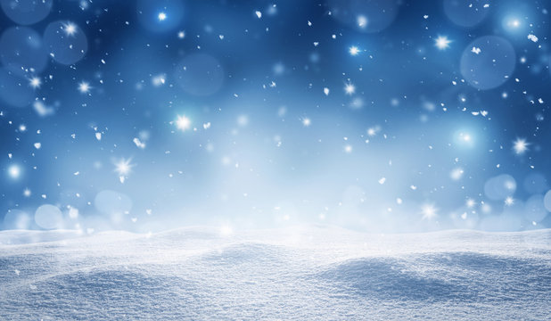 Empty, snowy winter, christmas background with copy space