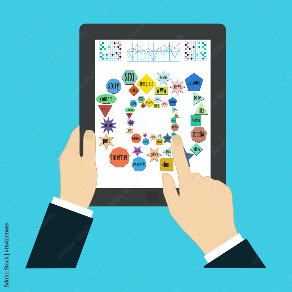 Poster touch screen finger - creative vector illustration in flat style. human hand of surface display. seo