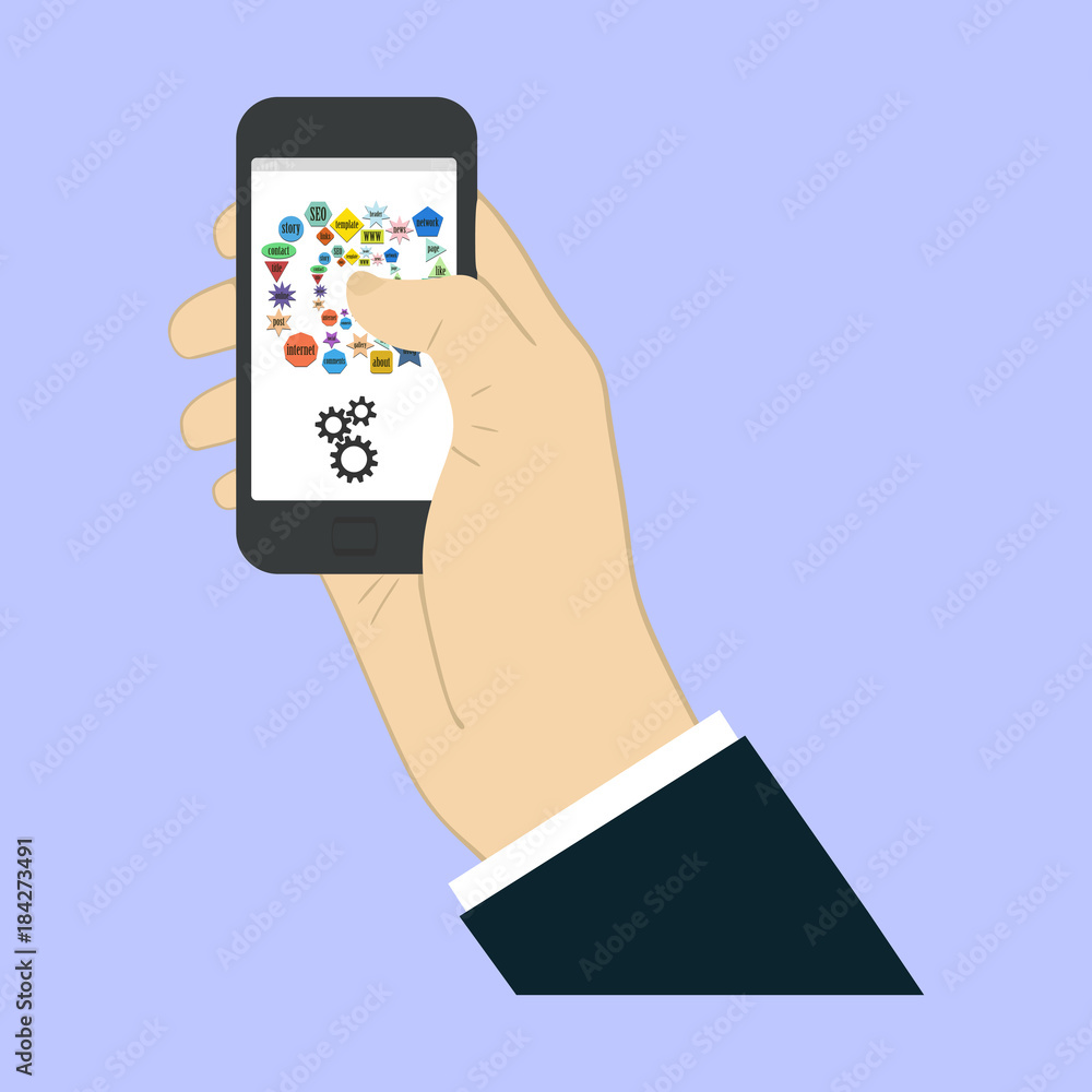 Poster touch screen finger - creative vector illustration in flat style. human hand of surface display. seo