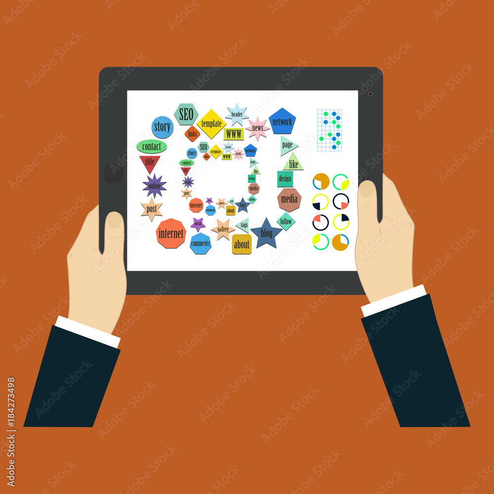 Poster touch screen finger - creative vector illustration in flat style. human hand of surface display. seo