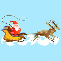 santa claus in a red hat and jacket, with a beard rushes in a sleigh chasing his reindeer, marry of christmas and happy new year vector illustration
