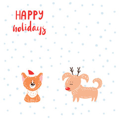 Hand drawn winter holidays greeting card with cute funny cartoon dogs, typography. Isolated objects on white background. Vector illustration. Design concept for children, Christmas, New Year.