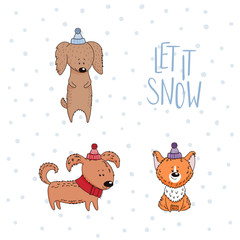 Naklejka premium Hand drawn winter holidays greeting card with cute funny cartoon dogs, typography. Isolated objects on white background. Vector illustration. Design concept for children, Christmas, New Year.
