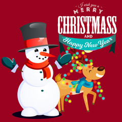 Fototapeta na wymiar Snowman in black hat and gloves, red scarf tied around neck, nose from the carrot smiling deer in lights of herland on horns, marry christmas happy new year vector illustration