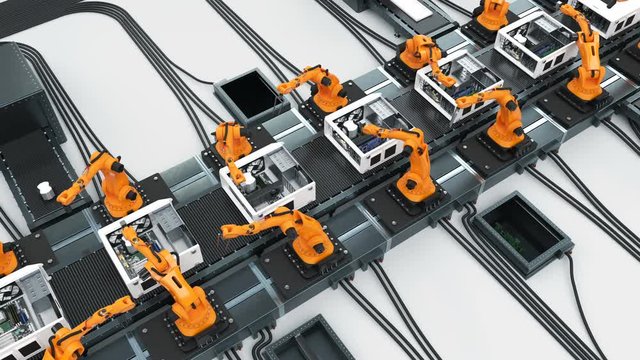 Conveyor Belt and Many Robotic Arms Assembling Computer Cases. Advanced Automated Process. Looped 3d Animation. Business and Technology Concept. 4k Ultra HD 3840x2160.