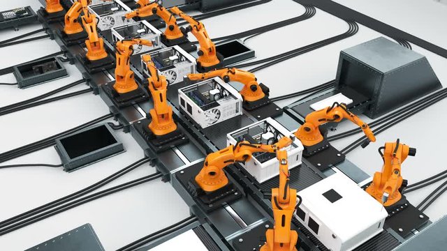 Many Robotic Arms Assembling Computers On Conveyor Belt. Modern Advanced Automated Process. Looped 3d Animation. Business and Technology Concept. 4k UHD 3840x2160.