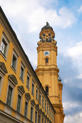 Fototapeta na wymiar Tower of the Theatine Church of St. Cajetan (Theatinerkirche St. Kajetan) in Munich, Germany