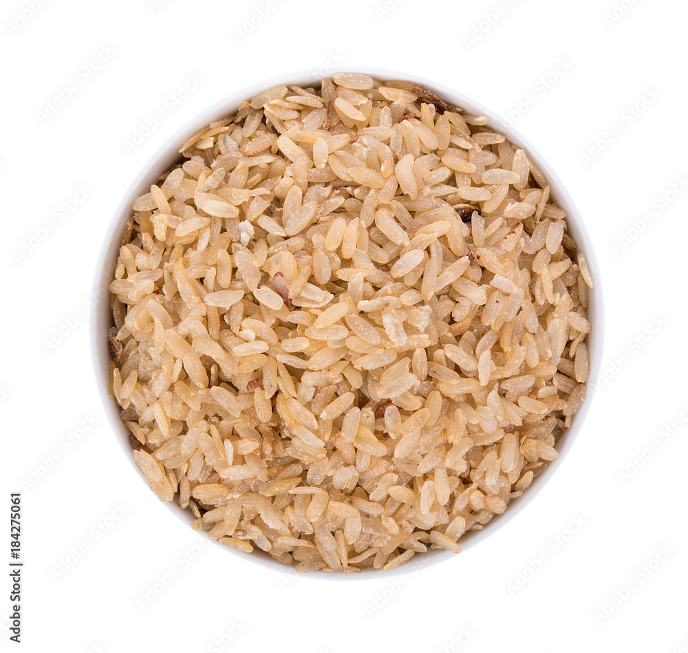 Poster pounded unripe rice in bowl on white background