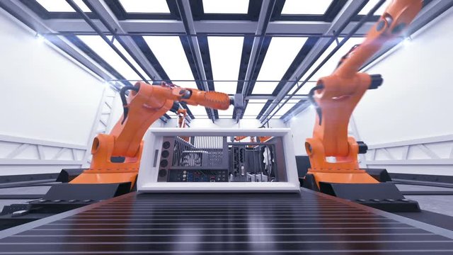 Beautiful Robotic Arms Assembling Computer Cases On Conveyor Belt. Futuristic Advanced Automated Process. 3d Animation. Business, Industrial and Technology Concept. 4k Ultra HD 3840x2160.