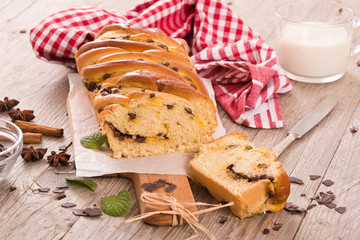 Brioche with chocolate chips. 