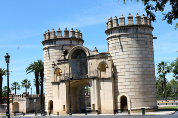 The Puerta de Palmas, one of the ancient gates of the medieval city of Badajoz, Extremadura, Spain, with two cylindrical towers flanking the entrance door