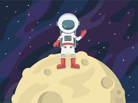 Astronaut in space against the background of stars and planets. Vector illustration.