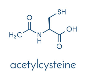 Acetylcysteine (NAC) mucolytic drug molecule. Also used to treat paracetamol overdose, Skeletal formula.