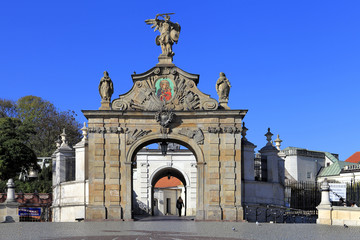 Poland, Silesia province, Czestochowa - 2014/10/29: Jasna Gora Pauline Order Monastery - main entry gate and the monastery tower