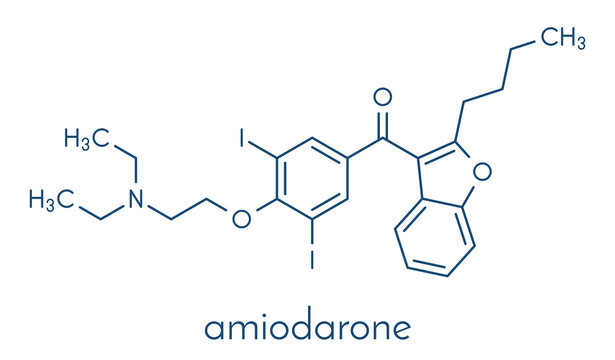 Amiodarone antiarrhythmic drug molecule. Skeletal formula.