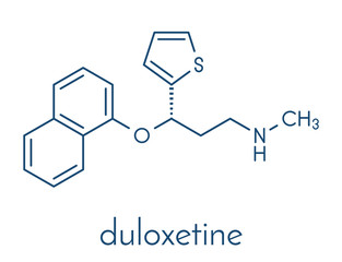 Duloxetine antidepressant drug (SNRI class) molecule. Also used in fibromyalgia treatment, etc. Skeletal formula.