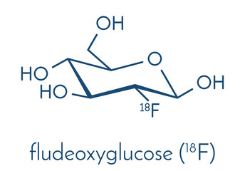 Fludeoxyglucose 18F (fluorodeoxyglucose 18F, FDG) cancer imaging diagnostic drug molecule. Contains radioactive isotope fluorine-18. Skeletal formula.