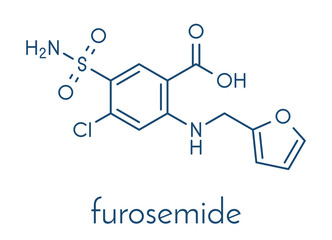 Furosemide diuretic drug molecule. Medically used to treat hypertension. Also used as masking agent in sports doping. Skeletal formula.