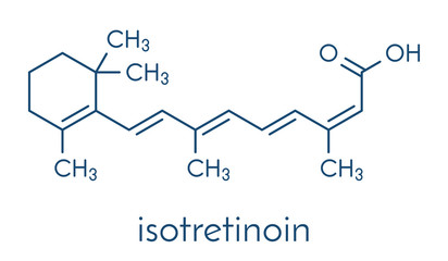 Isotretinoin acne treatment drug molecule. Known to be a teratogen (causes birth defects). Skeletal formula.