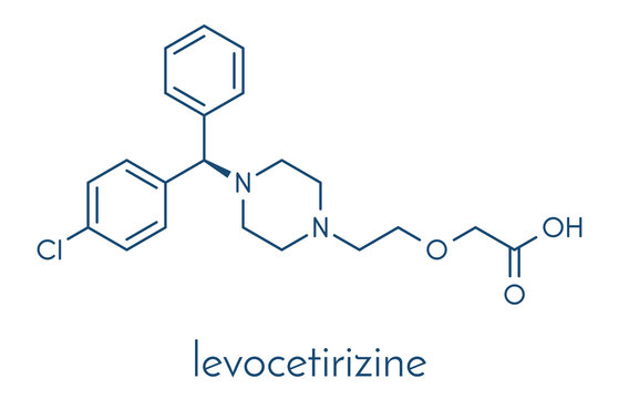 Levocetirizine antihistamine drug molecule. Used to treat hay fever, urticaria and allergies. Skeletal formula.