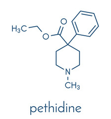 Pethidine opioid analgesic drug molecule. Skeletal formula.
