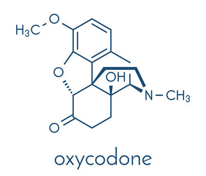 Oxycodone pain relief drug molecule. Skeletal formula.