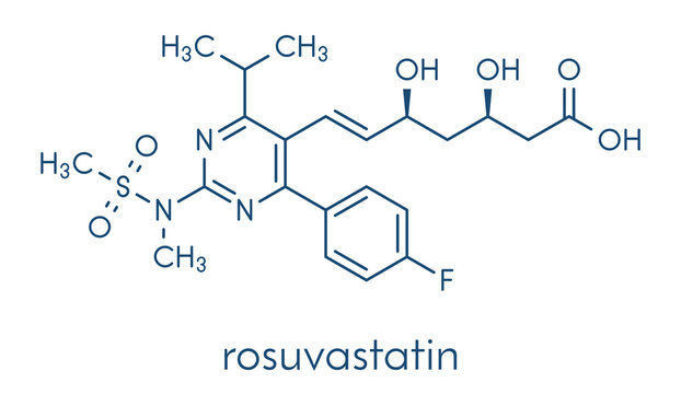 Rosuvastatin cholesterol lowering drug (statin class) molecule. Skeletal formula.