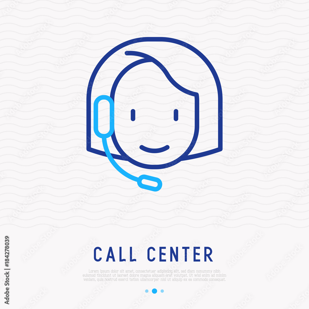 Poster call center operator with headset thin line icon. modern vector illustration of support service.