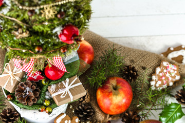 Christmas holiday background with food and decorations on table