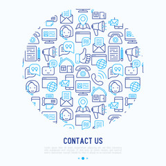 Fototapeta na wymiar Contact us concept in circle with thin line icons of telephone, fax, operator call center, e-mail, chat bot, pointer, feedback. Modern vector illustration for banner, web page, print media.