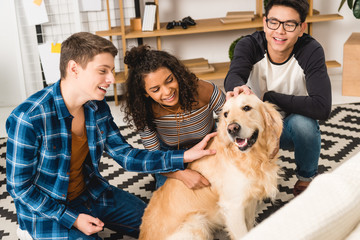 happy multiethnic teens palming dog at home