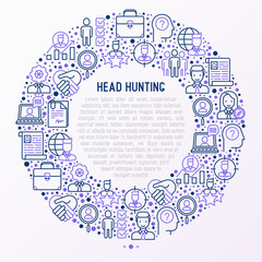 Head hunting concept in circle with thin line icons: employee, hr manager, focus, resume; briefcase; achievements; career growth, interview. Vector illustration for banner, web page, print media.